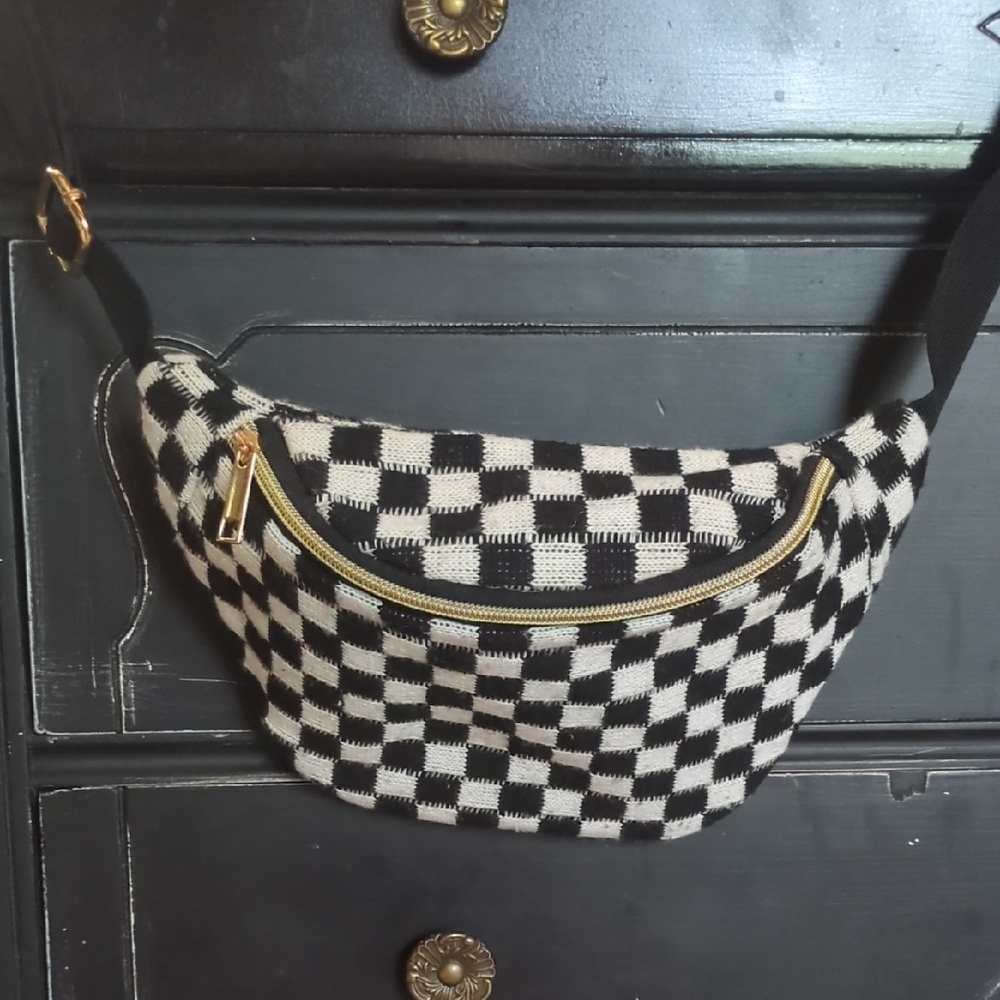 Checkered Black and White Fanny Pack with Gold Accents